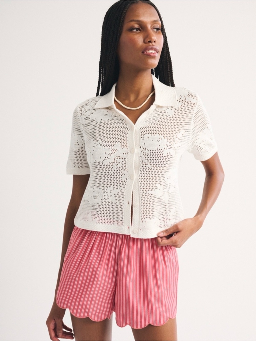 Abercrombie & Fitch Women's White Crochet Button-Front Polo Top